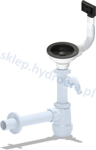 Syfon do zlewu kuchennego z czarnym dużym sitkiem z przelewem uniwersalnym