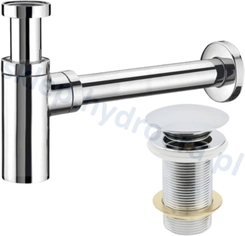 Syfon okrągły mosiężny chrom do umywalki +  korek klik klak chrom