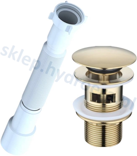 Syfon rozciągany elastyczny do umywalki + korek klik klak złoty z przelewem