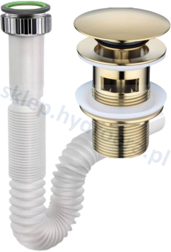 Syfon rozciągany elastyczny  do umywalki + korek klik klak z przelewem złoty