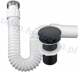 Syfon oszczędzający miejsce rozciągany wzmocniony + korek czarny mosiężny bez przelewu