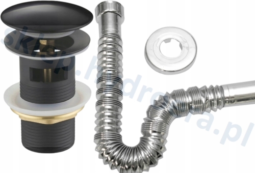 Syfon do umywalki elastyczny chromowany + korek klik klak czarny z przelewem