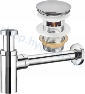 Syfon do umywalki ozdobny chrom + korek klik klak z przelewem chrom