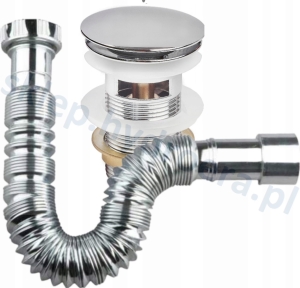 Syfon elastyczny chromowany + korek klik klak z przelewem chrom