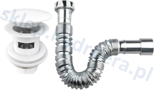 Syfon do umywalki rurkowy chromowany + korek klik klak biały z przelewem