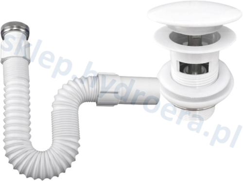 Syfon do umywalki rozciągany wzmocniony +korek klik klak biały z przelewem