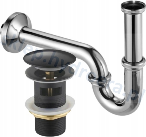 Syfon do umywalki rurkowy chromowany + korek klik klak z przelewem czrny