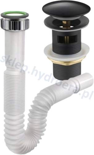 Syfon umywalki oszczędzający miejsce + korek klik klak czarny z przelewem